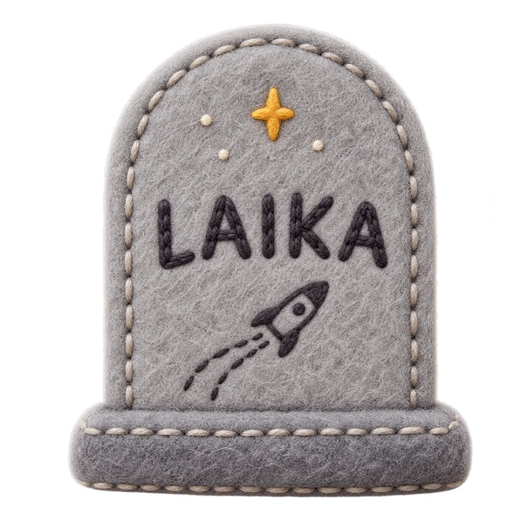 A felt headstone reading Laika