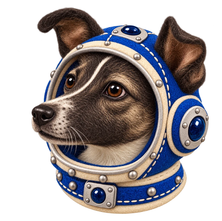 Laika in a felt space helmet